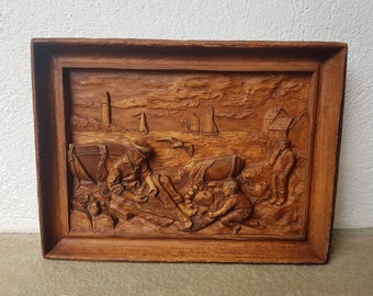 seascape picture, ship picture, French picture, relief picture, hand made, recina, vintage SIC made in France, french Resin wood effect