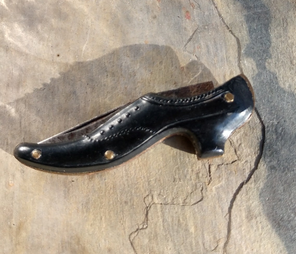 Antique PR Black and Tan Metal shoe shaped pocket knives Etsy