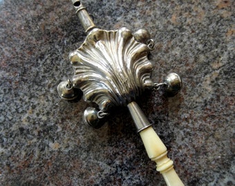 Antique sterling silver baby rattle/whistle scalloped double sided bells bone handle