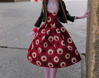 Dark red swing skirt with apple print 50s style - Monster doll high fashion clothes