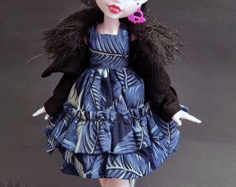 Lolita style dark blue dress with leaf print - Monster G3 curvy and omg doll high fashion clothes