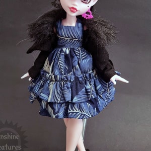 Lolita style dark blue dress with leaf print - Monster G3 curvy and omg doll high fashion clothes