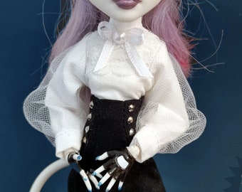 White lace blouse with long mesh sleeves and bow tie - Monster, Ever After, OMG, Rainbow doll high fashion clothes