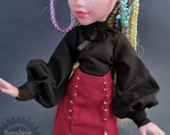 Black Blouse with long bishop sleeves and bow tie - Monster, Ever after, OMG, Rainbow, Obitsu, Creatable world high fashion doll clothes
