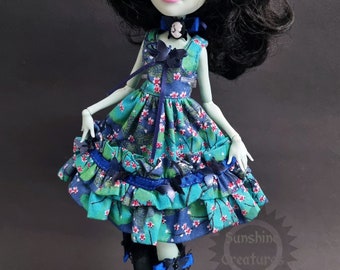 Green sleeveless dress with sakura print and accessories: socks, neck ribbon - Monster, Ever after, Rainbow, OMG high fashion doll clothes