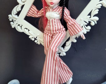 Steampunk outfit: striped pants, striped short jacket, sleeveless blouse - for Monster, Ever after, Rainbow, OMG doll high fashion clothes