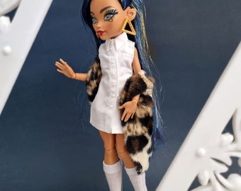 Minivestido camisero blanco sin mangas - Ropa de alta costura para muñecas Monster G1 G3, Ever after, Rainbow, OMG, Obitsu, Creatable World