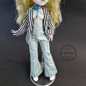 Grau und blau gestreifte, hoch taillierte, ausgestellte Steampunk Hose - Monster, Ever after, OMG, Rainbow, Dc girl, Obitsu doll High Fashion Kleidung