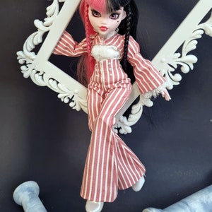 Steampunk outfit: striped pants, striped short jacket, sleeveless blouse - for Monster, Ever after, Rainbow, OMG doll high fashion clothes