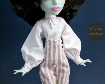 White Blouse with Long Bishop Sleeves and Bow Tie - Monster, Ever after, Rainbow, OMG, Obitsu, Creatable world doll high fashion clothes