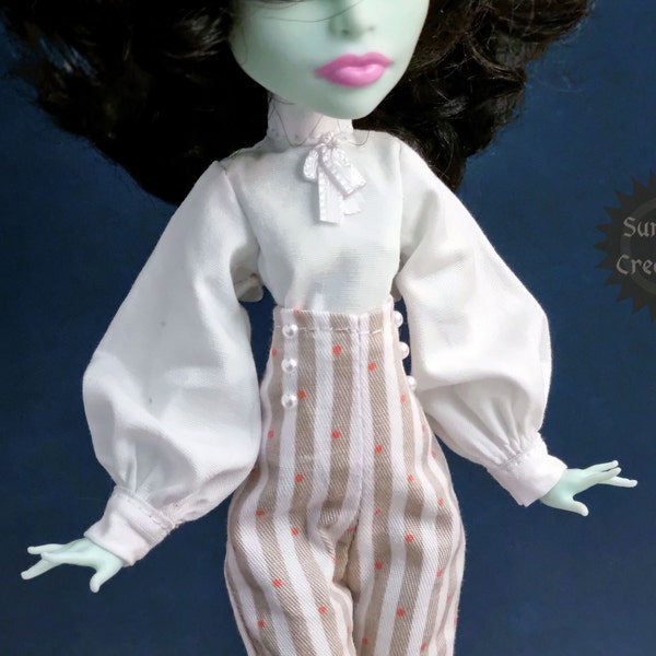 White Blouse with Long Bishop Sleeves and Bow Tie - Monster, Ever after, Rainbow, OMG, Obitsu, Creatable world doll high fashion clothes