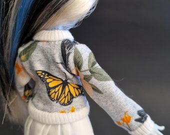 蝶のプリントが入ったジャージー素材の白いカーディガン - Monster G1 G3、Ever After、Rainbow、OMGドールのハイファッション服