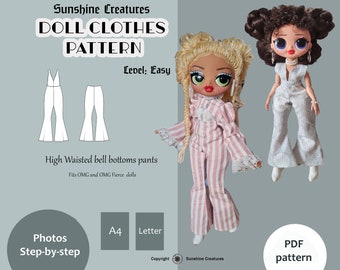 Sewing Pattern for flared pants with high waisted bell-bottoms or jumpsuit - Clothes for OMG, OMG Fierce doll