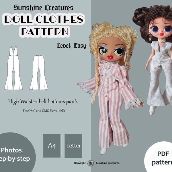 Sewing Pattern for flared pants with high waisted bell-bottoms or jumpsuit - Clothes for OMG, OMG Fierce doll
