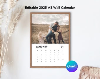 2025 Minimalistic A3 Wall Calendar - Customizable & Personalized Photo Calendar | 12 pages | Digital Download