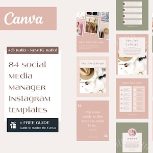 以下が含まれることがあります： ピンクと白のInstagram用デジタルマーケティングテンプレートで、テキストは「84ソーシャルメディアマネージャーInstagramテンプレート」と「Hey, hot Let's go!」。テンプレートには、Canvaをマスターするための無料ガイドも含まれています。