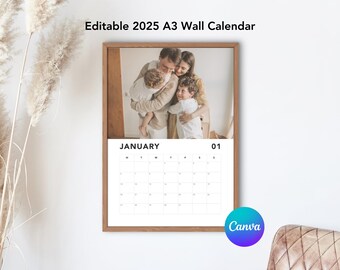 2025 Minimalistic A3 Wall Calendar - Customizable & Personalized Photo Calendar | 12 pages | Digital Download