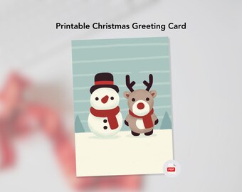 Snowman with Reindeer Christmas Printable Greeting Folded Card | PDF | Instant Download