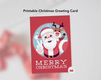 Selfie Santa Reindeer Christmas Printable Greeting Folded Card | PDF | Instant Download