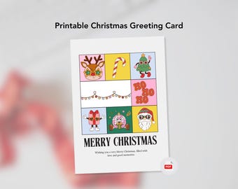 Retro Red Christmas Printable Greeting Folded Card | PDF | Instant Download