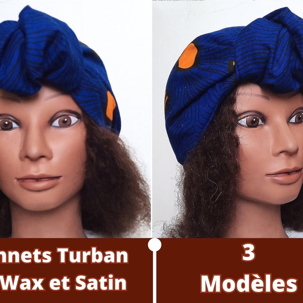 Bonnet pour Chimio Femme en Pagne Africain Bleu et Motif Orange Noir