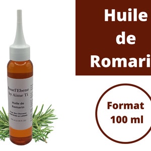 May include: A brown glass bottle with a white dropper top filled with amber liquid. The bottle is labeled "Boucl'Ebene by Aime Ti" and "Huile de Romarin". The bottle is surrounded by sprigs of rosemary. The text "Format 100 ml" is in a white circle on a brown background.