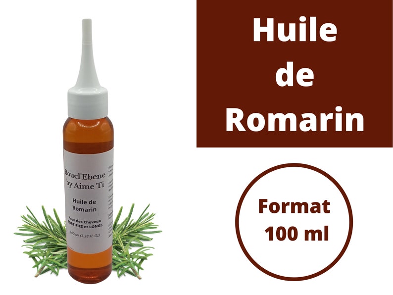 May include: A brown glass bottle with a white dropper top filled with amber liquid. The bottle is labeled "Boucl'Ebene by Aime Ti" and "Huile de Romarin". The bottle is surrounded by sprigs of rosemary. The text "Format 100 ml" is in a white circle on a brown background.