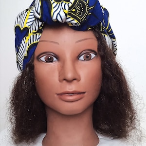 Chemo Scarf Hat in White African Loincloth and Blue Yellow Black Flower Pattern