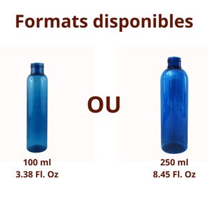 May include: Two blue plastic bottles with screw-on caps. The bottle on the left is 100 ml (3.38 fl oz) and the bottle on the right is 250 ml (8.45 fl oz). The text "Formats disponibles" and "OU" is visible above the bottles.