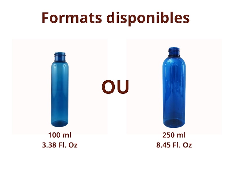 May include: Two blue plastic bottles with screw-on caps. The bottle on the left is 100 ml (3.38 fl oz) and the bottle on the right is 250 ml (8.45 fl oz). The text "Formats disponibles" and "OU" is visible above the bottles.