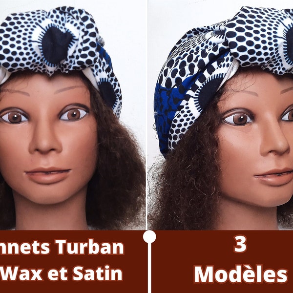 Bonnet Coton Femme Chimio en Pagne Africain Bleu et Motif Blanc Noir