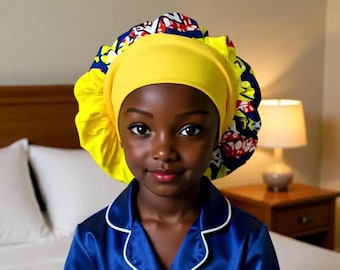 Children's Yellow Wax Print Nightcap with Satin Lining - Comfortable Stretch Headband