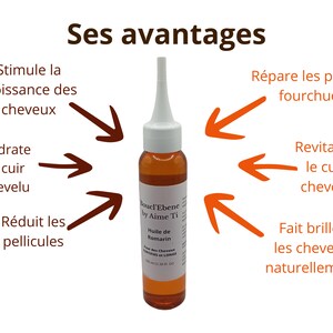 May include: A brown glass bottle with a white dropper top and a label that reads "Boucl'Ebene by Aime Ti Huile de Romarin"  The bottle is surrounded by orange arrows pointing to the benefits of the product, which include stimulating hair growth, hydrating the scalp, reducing dandruff, repairing split ends, revitalizing the scalp, and making hair shine naturally.