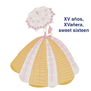 XV Jahre, Sweet Sixteen, Quinceañera, Mis XV, langes Kleid, Maschinenstickerei-Design 2 Größen 2 Designs