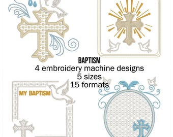 May include: Four embroidery machine designs with religious themes. The designs include crosses, doves, and decorative frames in shades of beige, blue, and white. The word "BAPTISM" is displayed in black text.