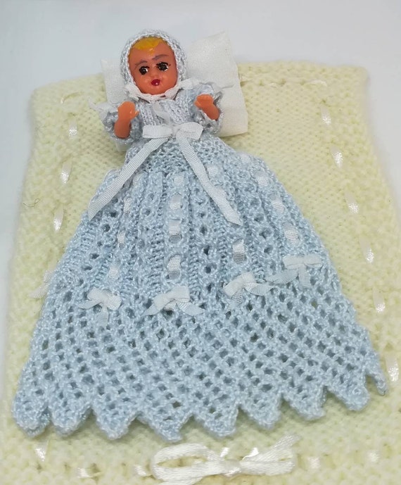 Dolls House Victorian Baby Boy in Blue Christening Gown Miniature