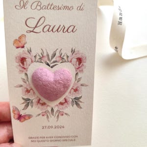 Segnaposto per battesimo neonata, cuore di semi piantabili, segnaposto da tavolo, biglietto per gli ospiti del battesimo, etichetta, segnaposto personalizzato