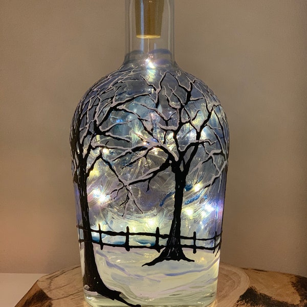 In The Bleak Mid-Winter, Hand Painted Bottle With Fairy Lights
