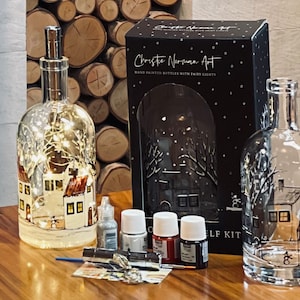 Winter Village DIY Kit, Hand Painted Bottle With Fairy Lights, Bottle Art, Home Decor, Craft Kit, Mother's Day Gift, DIY Craft, DIY Kits