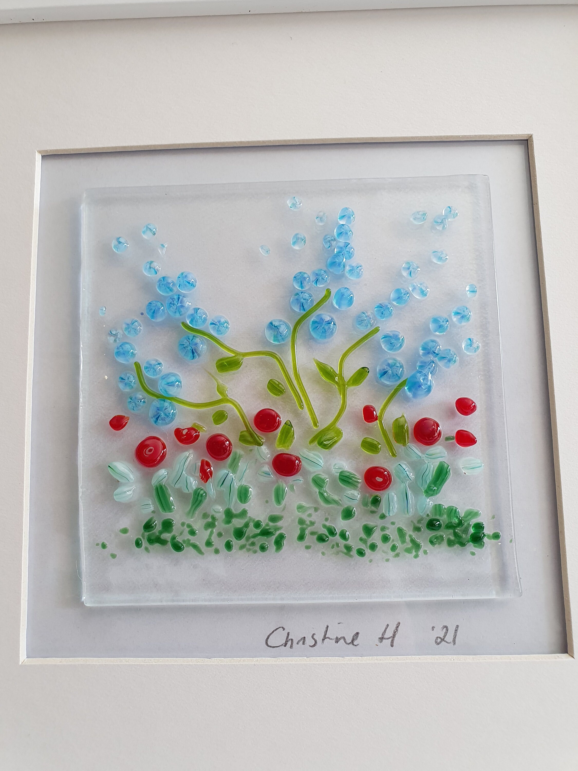 Blue and red fused glass art flower scene with murrini Etsy