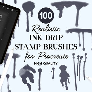 May include: A digital tablet displaying a brush library with 100 realistic ink drip stamp brushes for Procreate. The text "100 Realistic Ink Drip Stamp Brushes for Procreate" is displayed on a light blue background with black ink drips.