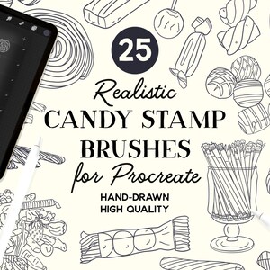 Puede incluir: Una ilustración digital de 25 pinceles de sello de caramelo dibujados a mano para Procreate. La imagen muestra una variedad de formas de caramelo, incluyendo piruletas, ositos de goma y barras de chocolate. El texto "25 Realistic CANDY STAMP BRUSHES for Procreate" se muestra en el centro de la imagen.