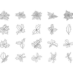 May include: A set of 20 black and white line drawings of holly and poinsettia plants. The drawings are simple and elegant, and would be perfect for use in holiday crafts or decorations.