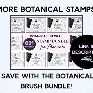 May include: A digital illustration of a Procreate stamp bundle for botanical and floral designs. The bundle includes 691 brushes and is available for purchase. The text "LINK IN DESCRIPTION" is displayed in a circle.