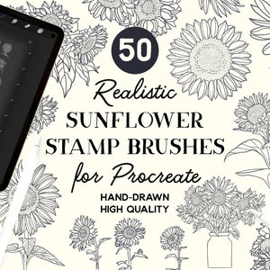 Sellos de girasoles de Procreate, 50 pinceles de sellos florales de girasoles para Procreate, descarga instantánea, uso comercial permitido