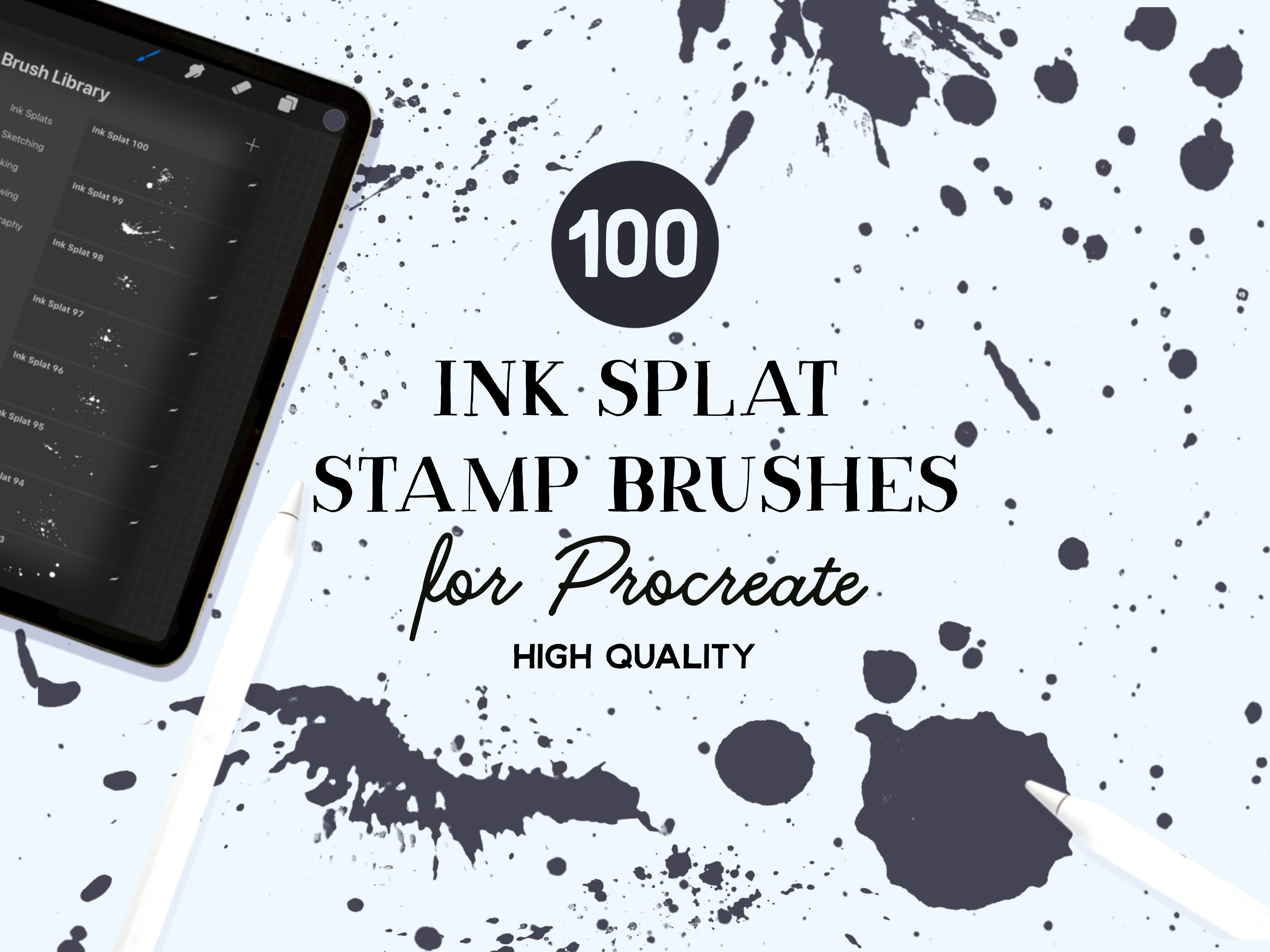 Procreate Splatter Stamps: 100 Ink Splash & Splat Brush Set for iPad (Instant Download, Commercial Use) - Image 1