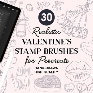 Procreate Valentine&#39;s Day Stamps, 30 Valentine Love Themed Stamp Brushes for Procreate, Instant Download, Commercial Use Permitted