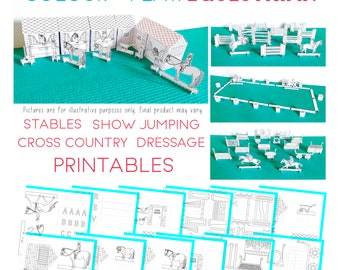 Kolorowanka do druku: koń i kucyk, stajnia, skoki (PDF – natychmiastowe pobranie)