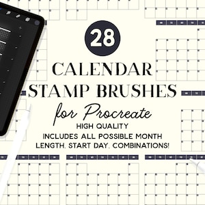 Procreate Calendar Stamps, 28 Bullet Journal Month Stamp Brushes for Procreate, Planner Stamps, Instant Download, Commercial Use Permitted.