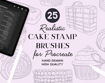 Procreate Cake Stamps, 25 Voedselstempelborstels voor Procreate, Inclusief Bakkerijdessert & Cupcakes, Direct downloaden, Commercieel gebruik toegestaan.